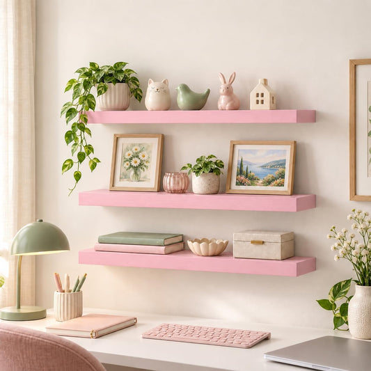 BAYKA Pink Floating Shelves 22.5in, Set of 3, Wall Mounted for Wall Decor