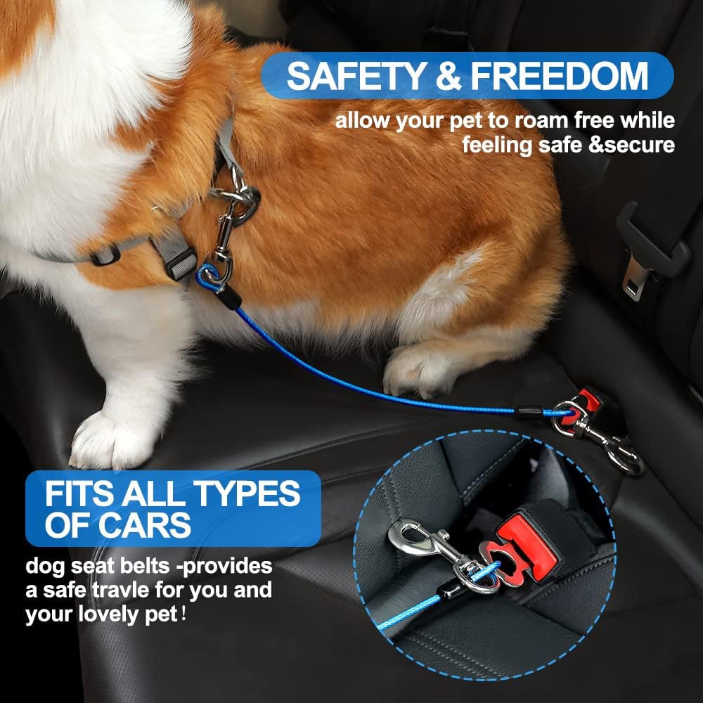Dog Seat Belt Harness for Car,2pcs Dog Seatbelt of Coated Wire Leash Safety Restraint,No Chew Tether Cable Vehicle Dog Accessories,Double Clips & Latch (2 Pack Red+Blue, 24 inch/60 CM)