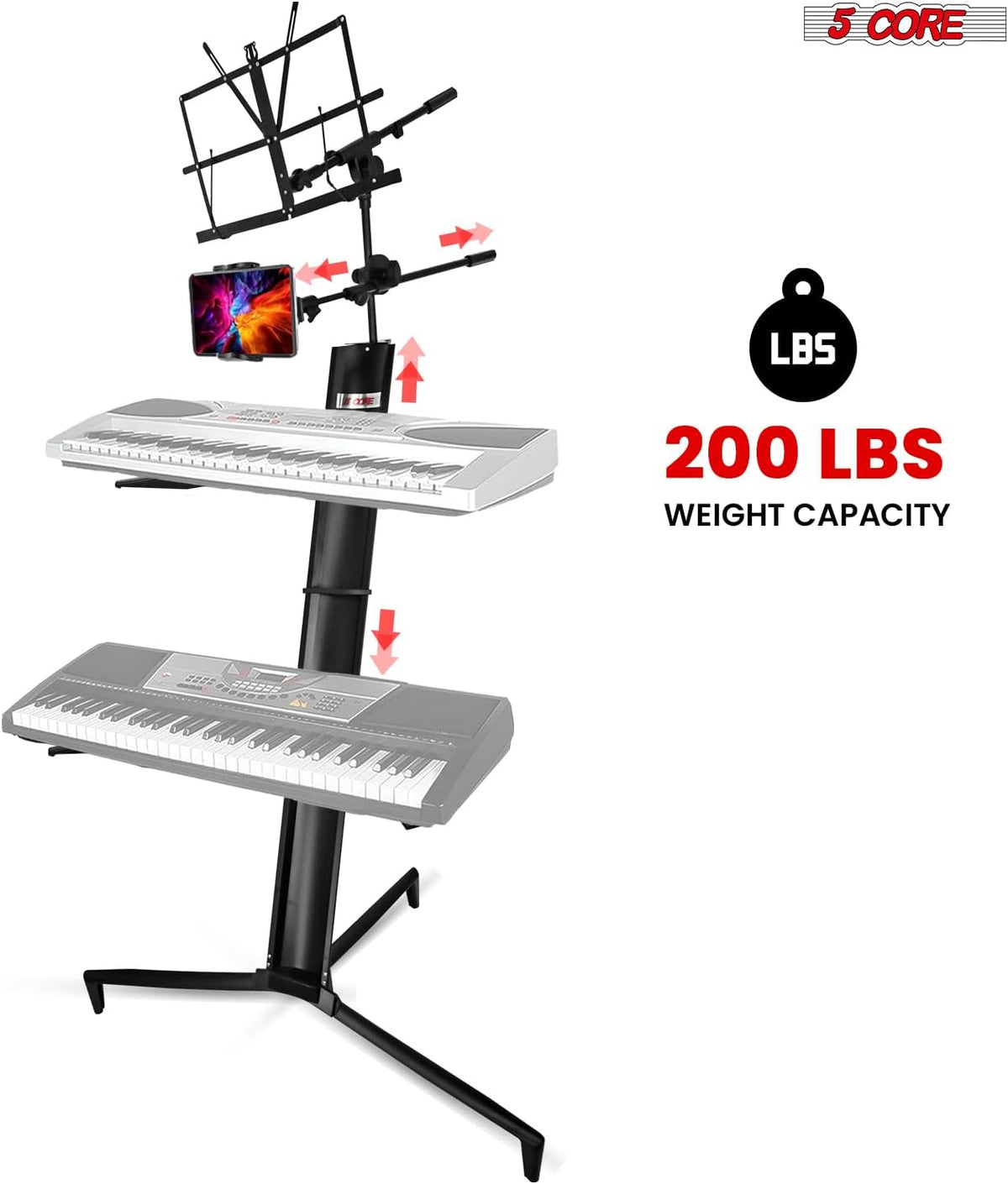 5 CORE Keyboard Stand 2 Tier Column for 61/76/88 Key Board DJ Controller Stands for Electric Digital Midi Pianos Black - KS C 2TD BLK AL