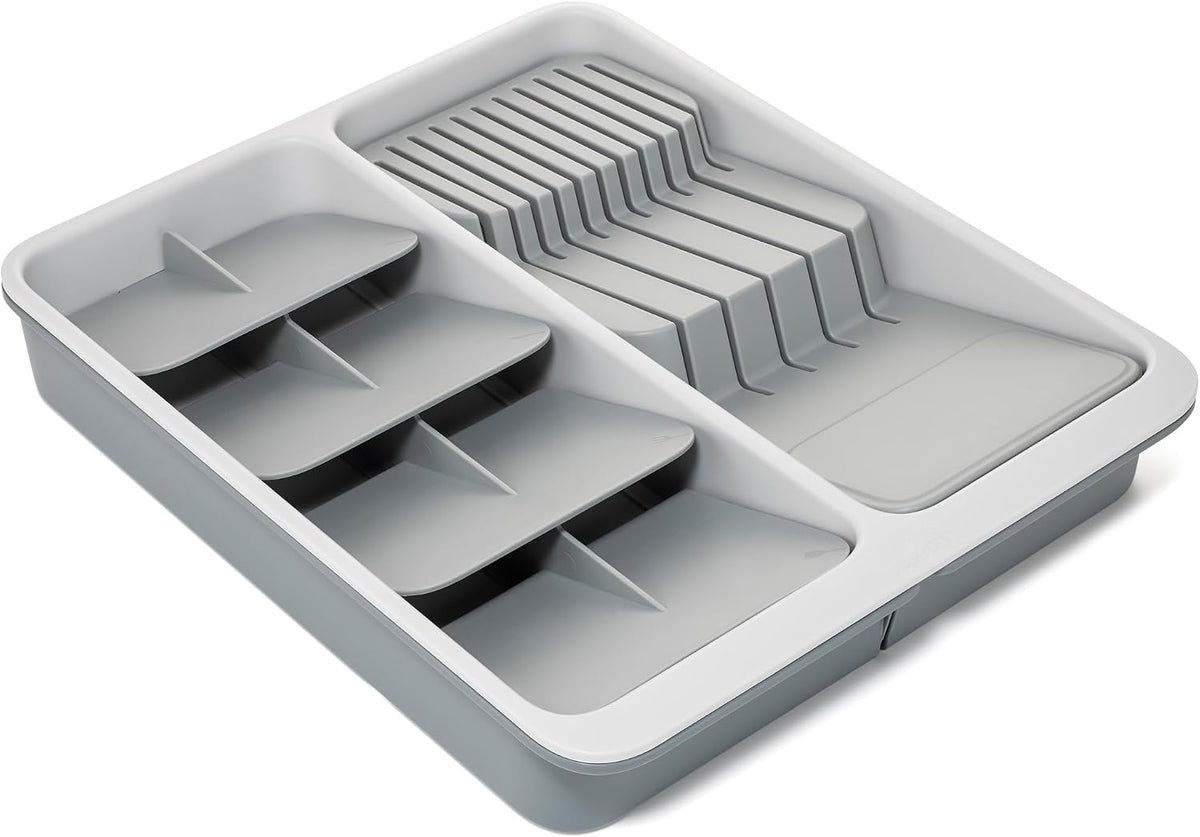 Joseph Joseph DrawerStore Expanding Tiered Flatware Cutlery Tray with Knife Organizer, Expandable In-Drawer Space-Saving Kitchen Storage, Recycled Plastic