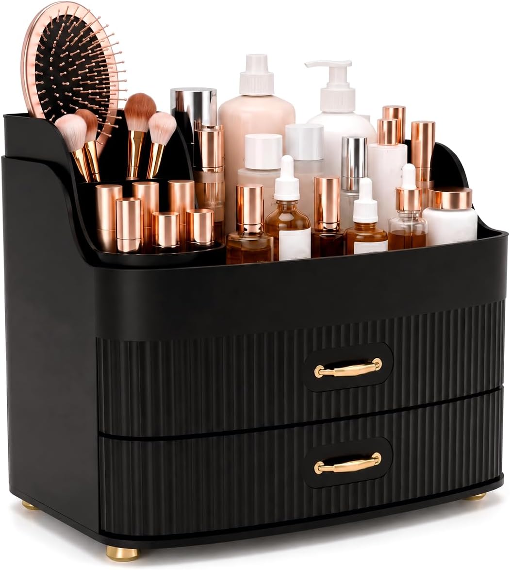 Makeup Organizer for Countertop Vanity Skincare Storage for Perfume Lipstick Bathroom Dresser Desk with Drawers And Brush Holder (Black)