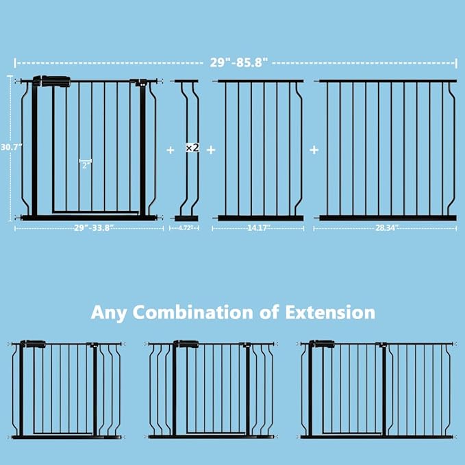 TSAYAWA Baby Gate Extra Wide Fits 29.51-85.81 inch Wide Opening - Dog Pet Gates for Doorways Stairs No Drilling Pressure Mounted - Large Child Safety Gate Indoor Outdoor Black