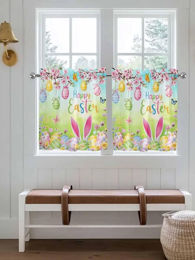 Easter Half Window Curtains 24 Inches Long, Spring Bunny Colorful Rabbit Eggs