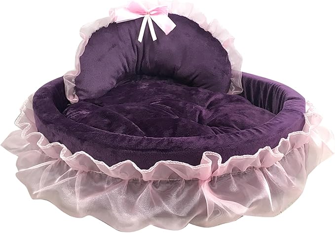 Princess Pet Bed with Bows Ruffled, Lace Design Soft and Beautiful Dog Sofa Detachable Cushion Princess Nest, Indoor Cave, Bottom, Removable Plush Cover