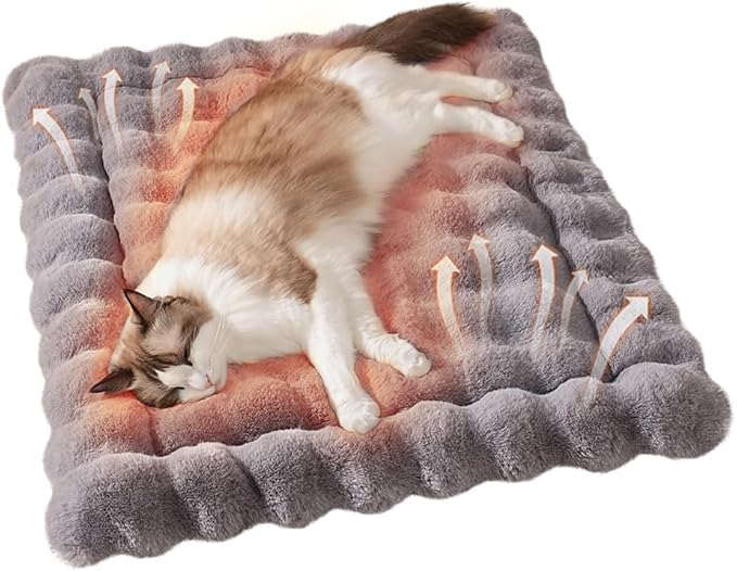 Self-Warming Cat Bed, Plush Faux Fur Pet Bed Mat with Anti-Slip Bottom, Ultra Soft Heated Pad for Cats & Kittens, Cozy Fluffy Bed for Window & Sills Couches, Machine Washable, 23x15 Inch Grey
