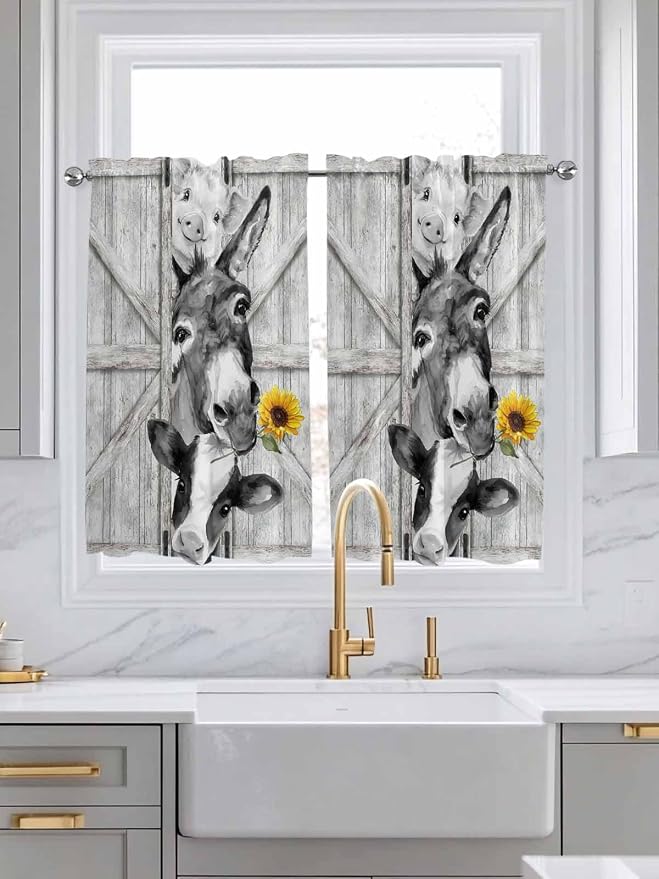 Grey Farmhouse Tier Curtains 45 Inches Long, Vintage Sunflowers Animals Printed