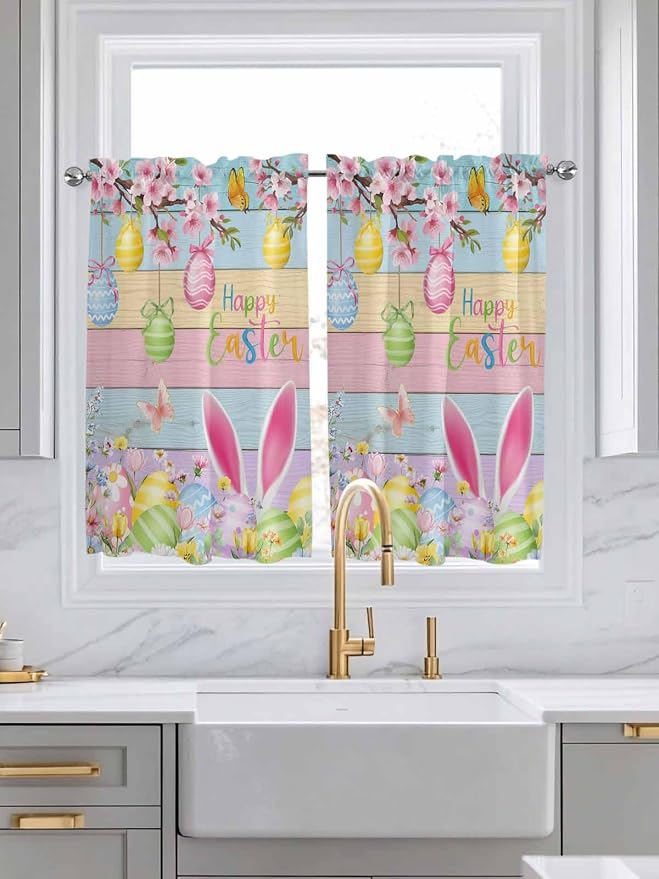 Colorful Easter Kitchen Curtains 45 Inches length, Spring Watercolor Bunny Egg