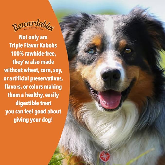 Rawhide Free Triple Flavor Kabobs for Dogs | Real Chicken, Beef and Healthy Sweet Potato | 15 Count