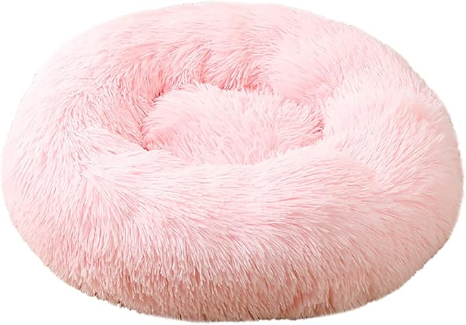 Calming Faux Fur Dog Beds Calming Donut Cuddler Dog Bed Washable Round Cat Bed Pillow Cuddler Fluffy Indoor Dog Calming Beds with Anti Slip Bottom Solid Color Light Pink 23 Inch