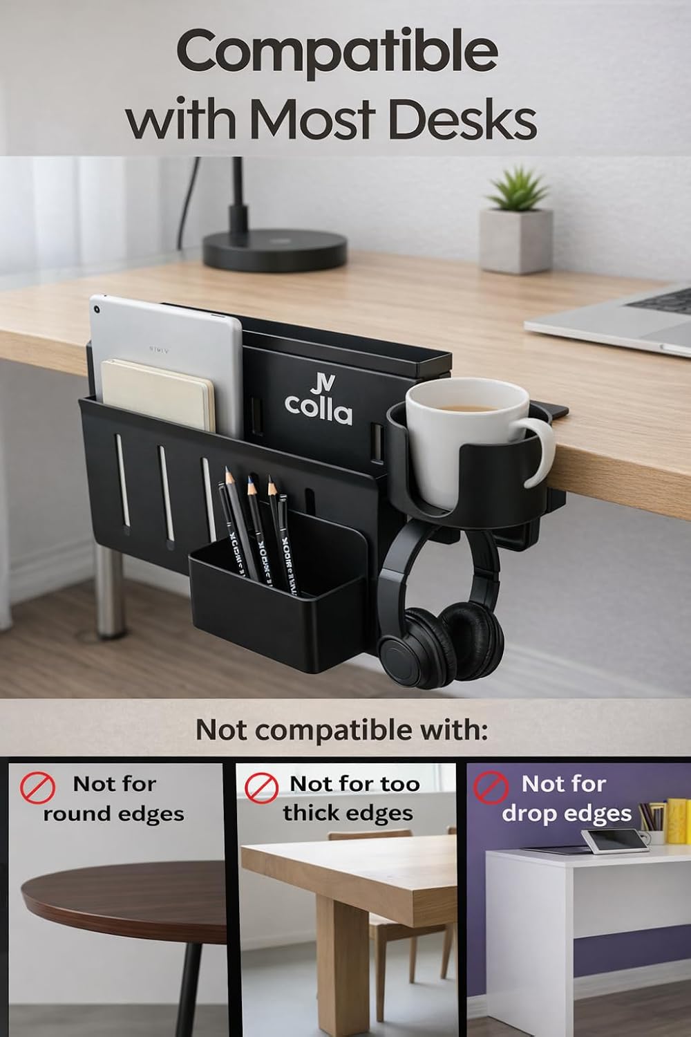Desk Side Storage Organizer with Laptop Holder & Clamp Cup Holder, Hanging Desk Organizer with Cable Management & Magnetic Pen Tray for Vertical Laptop Storage