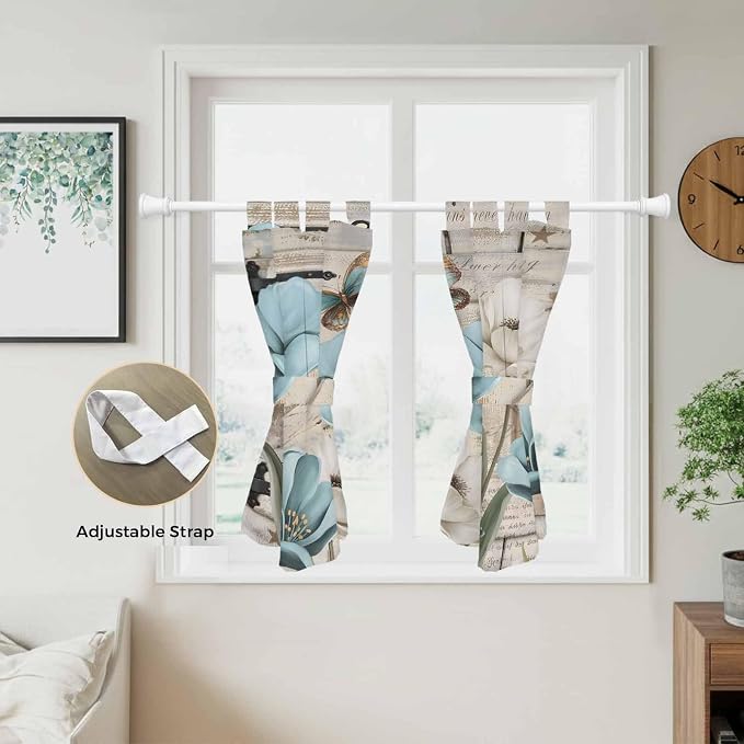 Teal Blue Tulips Bedroom Curtains 63 Inch Length, Window Curtains Tab Top