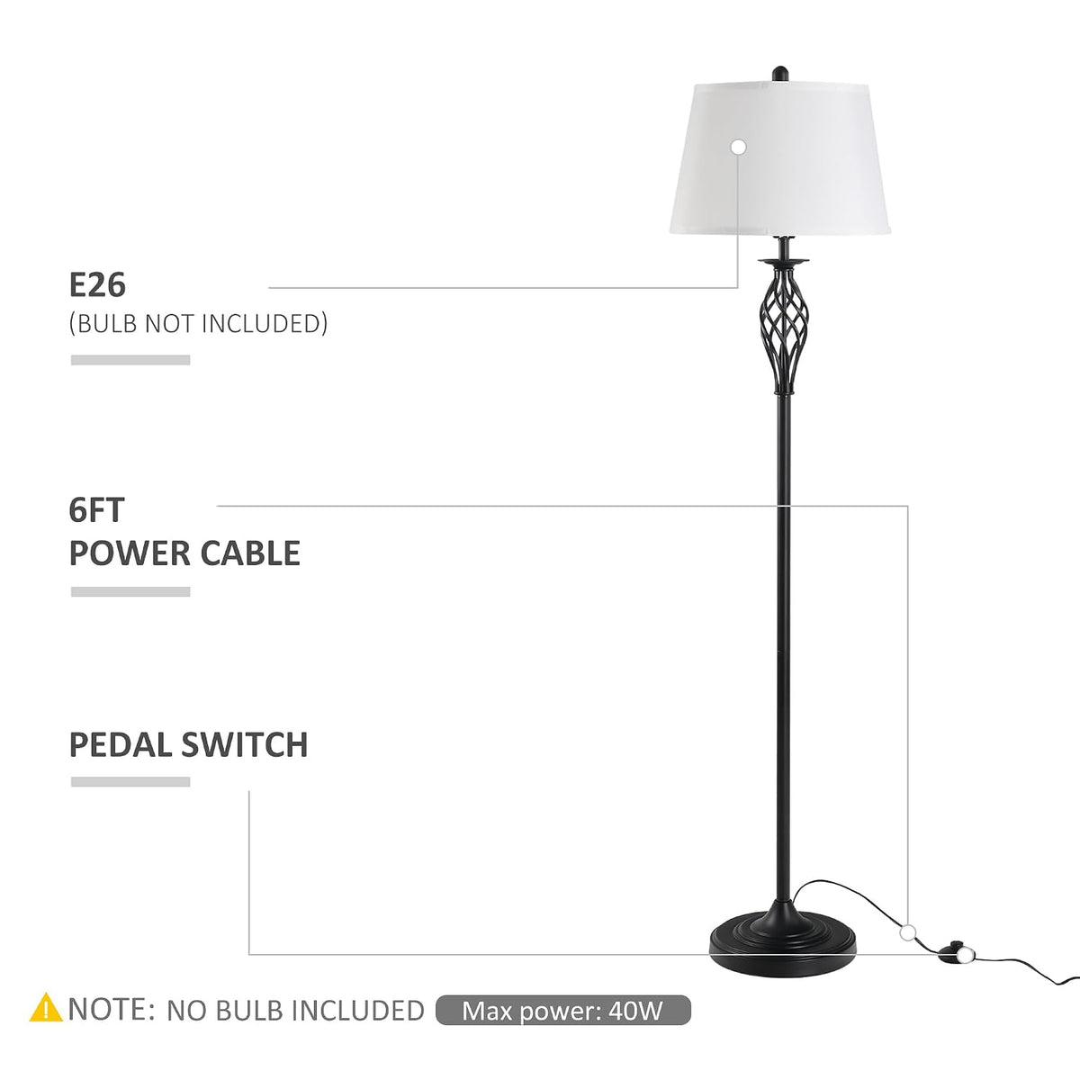 HOMCOM 3 Piece Table Floor Lamp Set with Metal Pole Round Base Black/White