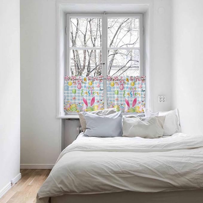 Happy Easter Half Window Curtains 24 Inches Long, Spring Watercolor Bunny Eggs