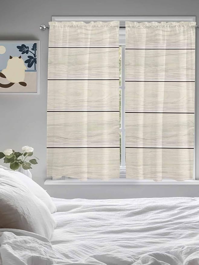 Vintage Country Wooden Board Window Valance Curtains, Gradient Wood Grain Line