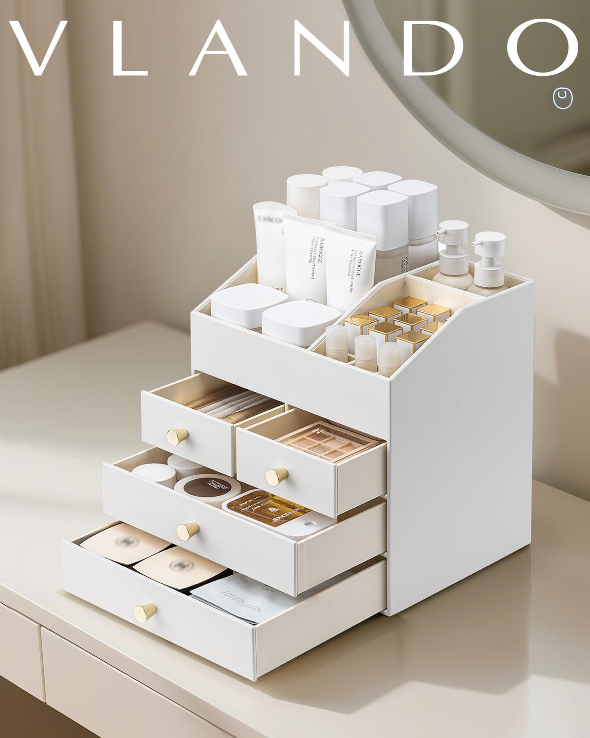VLANDO Makeup Organizer Countertop with 4 Drawers,White
