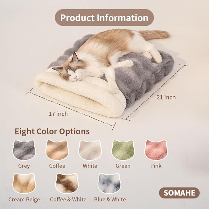 Self-Warming Cat Sleeping Bag, Enclosed Hooded Snuggle Sack with Dual-Side Plush Cat Cave Bed, Portable Foldable Pet Sleeping Pod for Indoor & Travel, Anti-Static, 21.7"x17.7"Beige