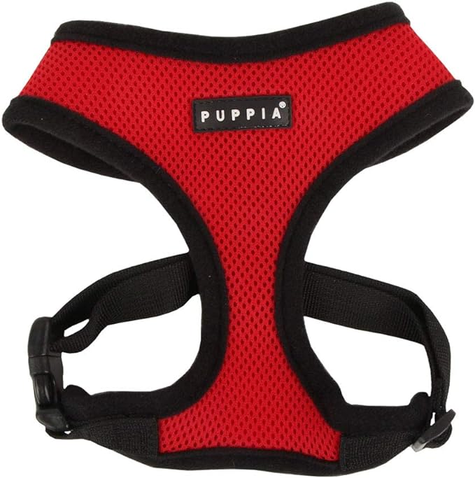 Puppia Soft Dog Harness No Choke Over-The-Head Triple Layered Breathable Mesh Adjustable Chest Belt and Quick-Release Buckle, Red, X-Small