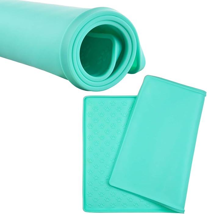 Silicone Cat & Dog Bowl Mat, Non-Slip Pet Feeding Mat - Waterproof Dog & Cat Placemat (18.5"x11.8", Mint Green Paw Pattern)