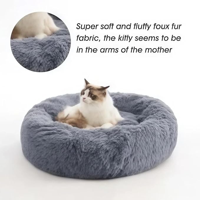 SALAN Calming Donut Dog Bed for Small Dogs and Cats, 16 Inch Round Plush Faux Fur Pet Bed, Washable Fluffy Self Warming Anti Anxiety Cuddler Bed for Puppy, Kitten, Indoor Cats (Khaki)