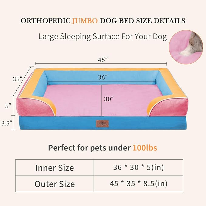 Comfort Expression Orthopedic Dog Bed for Extra Large Dogs 45x35 Inch, Waterproof Egg Crate Foam XL Pet Bed with Removable Bolsters, Dog Couch with Washable Cover & Non-Slip Bottom, Bubblegum Cove