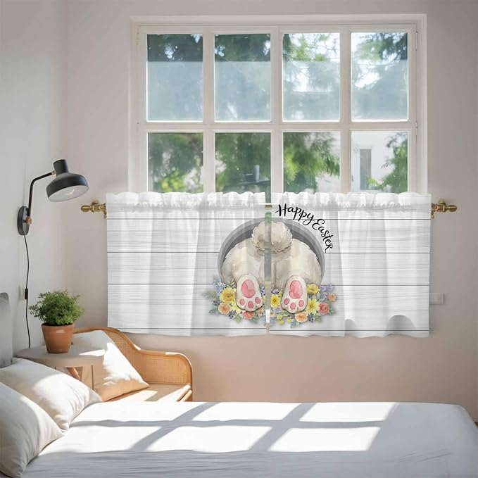 Easter Bunny Kitchen Tier Curtains 24 Inch Long 2 Panel Set, Rod Pocket Cafe