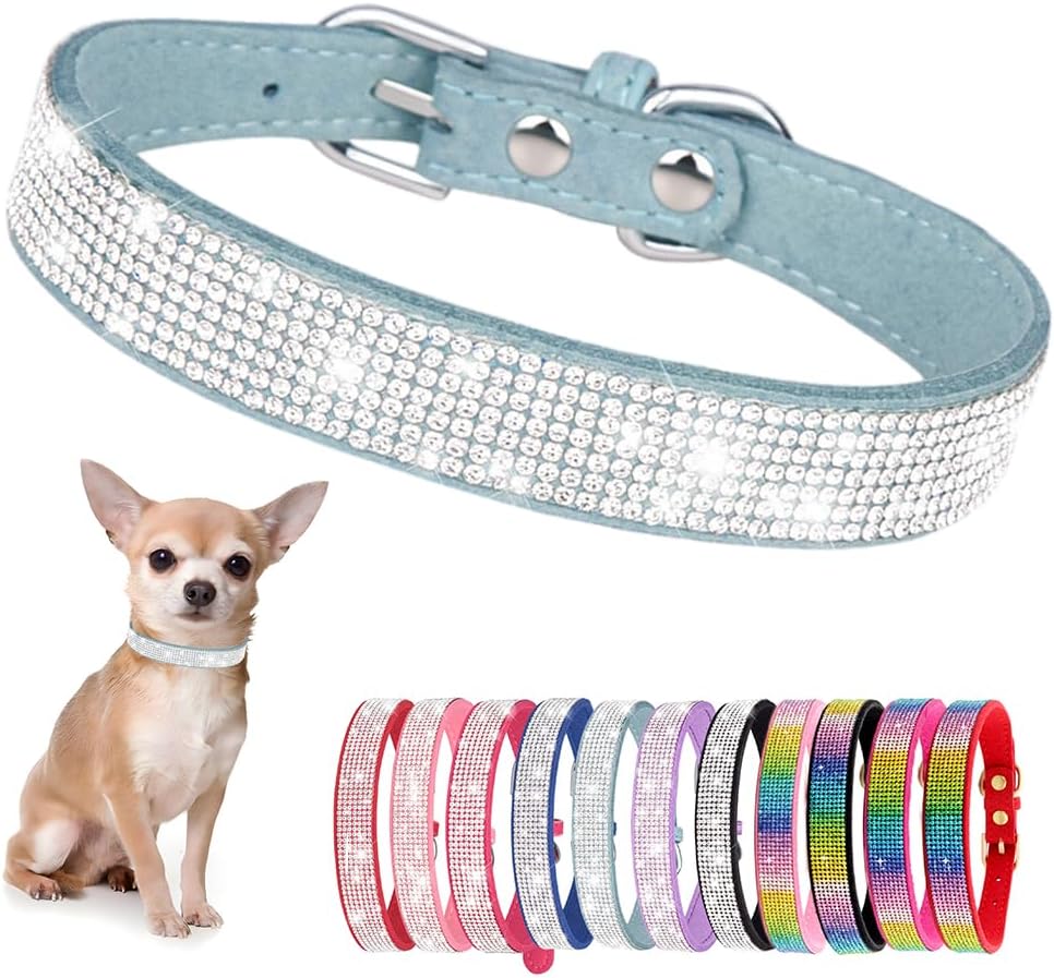 Rhinestone Dog Collar for Small Dogs, Bling Diamond Fancy Crystal Glitter Pretty Jewel Pet Puppy Collars for XXS XS Small Medium Large Breed Girl Dogs Female Cats Kitten, Teal XL