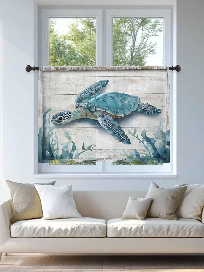 Sheer Curtains 45 Inch Length, Teal Green Sea Turtle Semi Sheer Curtains Light