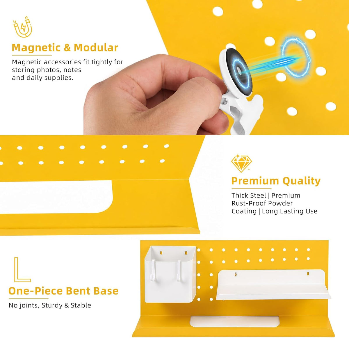 Metal Desk Pegboard Organizer, No Drill Modular Storage Kit 10 Accessories 15.8x11.8in White Yellow for Office Vanity