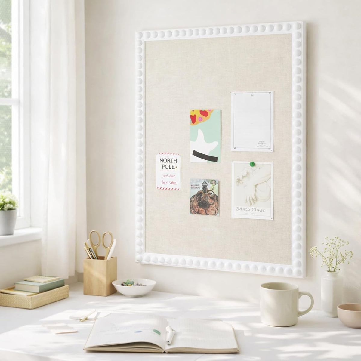 Linen Cork Bulletin Board with White Wood Frame and Beaded 24 x 18 in Decorative Picture Pin Boards Boho Cute Vision Board for Home Office Study Bedroom and Dorm Wall Farmhouse Decor