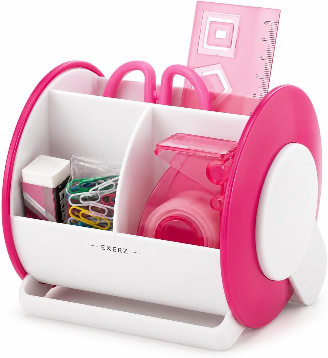 Exerz Ex8986 O-Life 90 Degree Rotary Desk Organiser with Stationery Set - Safety Scissors (Not Sharp), Rulers, Tape Dispenser, Eraser, Clips Included - Medium Size Stationery Organiser (Pink)