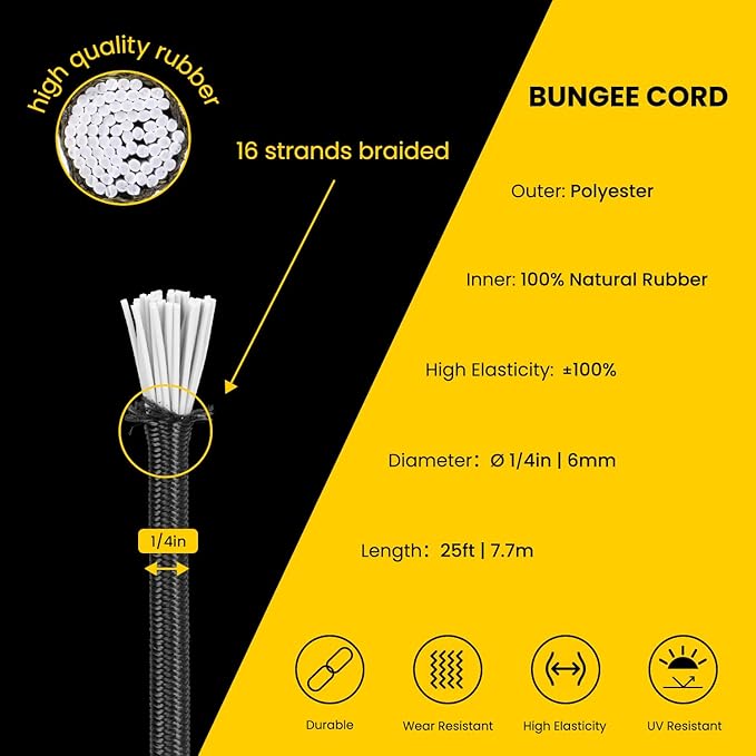 Bungee Cord Elastic Shock Cord 1/4" x 25' Bungee Rope for DIY, Tie Downs, Kayak and Outdoor - Black