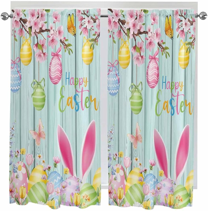 Happy Easter Living Room Curtains 72 Inches length, Spring Bunny Eggs Flower