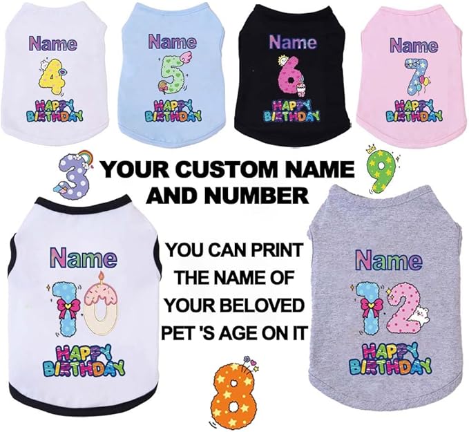 Custom Dog Birthday Shirt,Personalized Pet Apparel Print with Name Age Number,Pet Birthday Outfit,Lightweight Breathable Cotton Vest for Small Medium Large Dogs Cat (Grey, 8X-Large)
