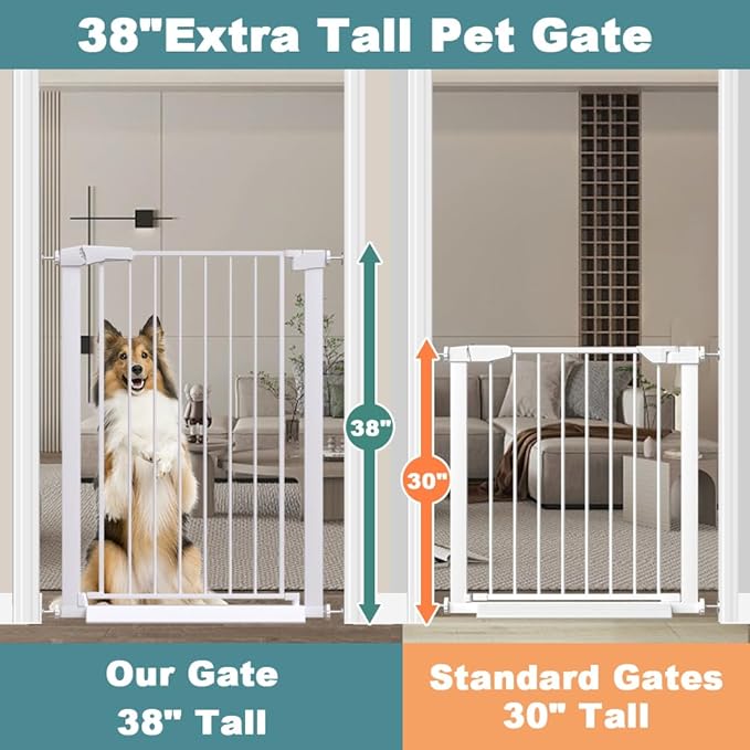 Fairy Baby 38" Extra Tall Dog Gates Indoor, 81.9"-84.6" Extra Wide Baby Gates for Large Openings, Metal Auto Close Safety Child Gate Indoor, Pressure Mounted Pet Gate No Climb Fence, White