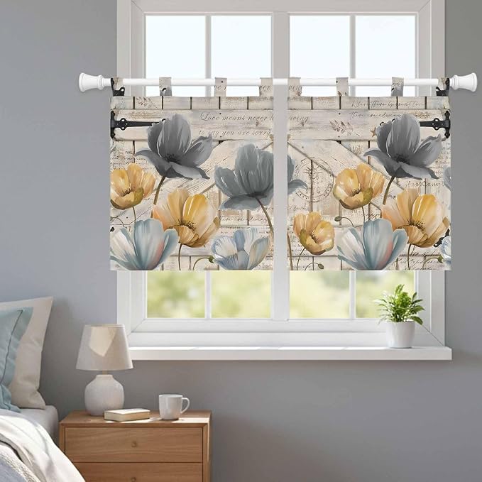 Spring Tulips Flower Kitchen Curtains 36 Inch Length, Small Window Curtains Tab