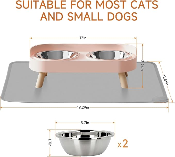 Elevated Cat Bowl with Food Mat, Raised Cat Food and Water Bowl Set