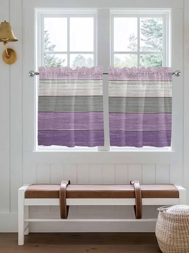 Country Wood Board Gray Purple Window Valance Curtains, Farmhouse Gradient