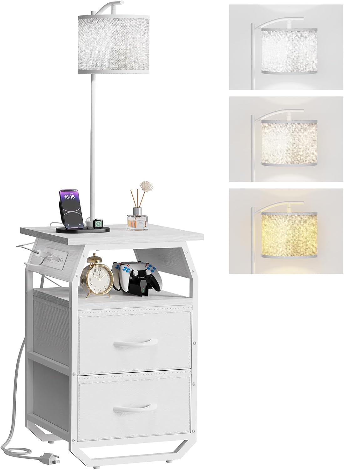 runjuly Floor Lamp with Table, End Table with Light and Charging, White