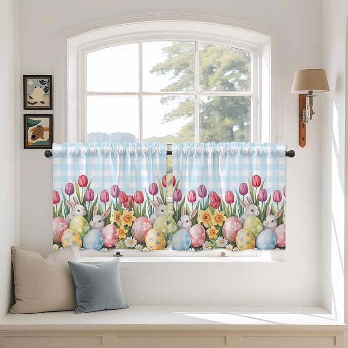 Easter Kitchen Tier Curtains 36 Inch Long 2 Panel Set, Rod Pocket Half Window