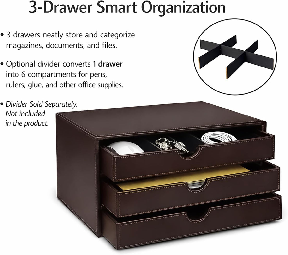UnionBasic Leather Desktop Drawer Organizer, File Cabinet Magazine Document Holder, Office Supplies Desk Storage Organizer Box, 3 Drawer, Coffee
