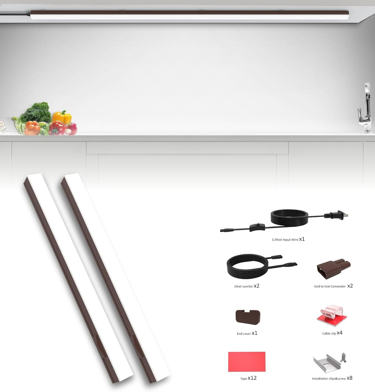 Leetdud Under Cabinet Lighting Plug in, 32 Inch 2 Pcs, Linkable AC120V 3CCT 3000K/4000K/5000K Ultra Slim, LED Under Cabinet Lights for Counter Light, Kitchen, Shelf, Sink, Workshop, Desk, Bronze