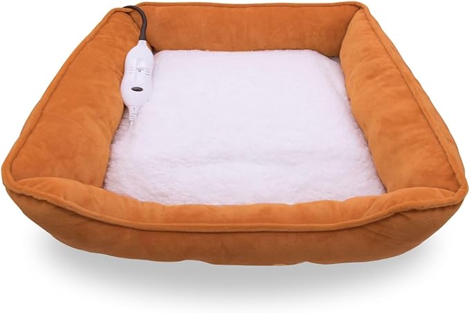 Sakar Pet Genius Heated Pet Bed, Warming Bed for Dogs and Cats with Removable Cover, DoubleSided Puppy Bed for Winter and Summer, Dirt Resistant and Non Slip Bottom, Brown and White,Orange,PET601