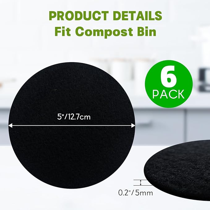 6 Pack Charcoal Filters for Compost Bin Bucket, 5 Inch Round Activated Carbon