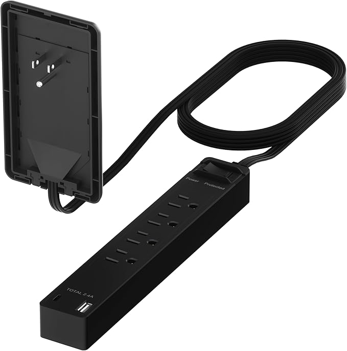 LIDER Surge Protected Outlet Extender, 4-Outlet Power Strip, 1 USB Type-A, and 1 USB Type-C Port, Surge Protect Up to 1500J, Ultra-Thin Wall Plate Plug with Cord Extender, 5ft Cord, ETL-Listed, Black