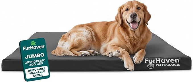 Furhaven Water-Resistant Orthopedic Dog Bed for Large Dogs w/ Removable Washable Cover, For Dogs Up to 95 lbs - Indoor/Outdoor Logo Print Oxford Polycanvas Mattress - Stone Gray, Jumbo/XL