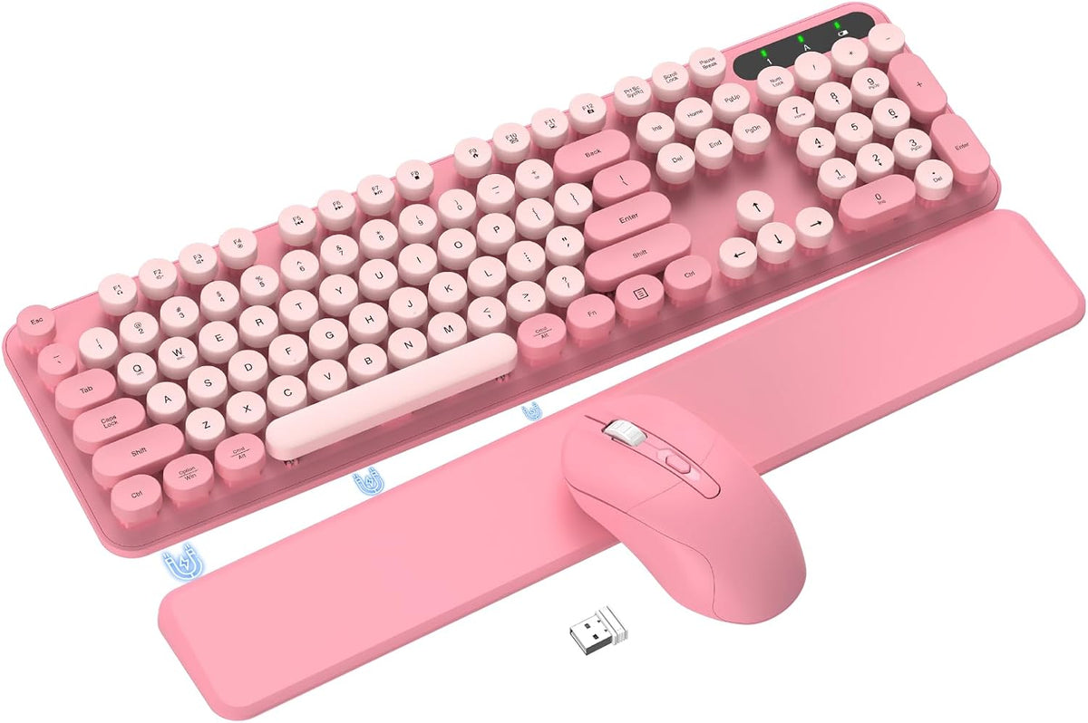 Pink Wireless Keyboard and Mouse Combo, Magnetic Wrist Rest, Round Keycap