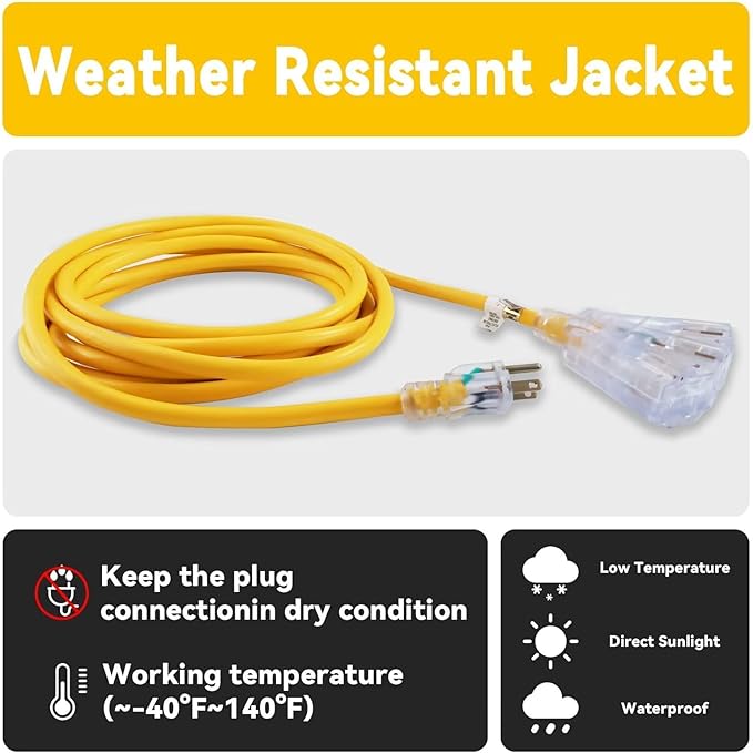 EP 25 Ft 12 Gauge Heavy Duty Extension Cord, 15A 125V 1875W, 3 Outlet Indoor/Outdoor Power Cord with Lighted End, 12/3 SJTW Weatherproof Yellow, UL Listed