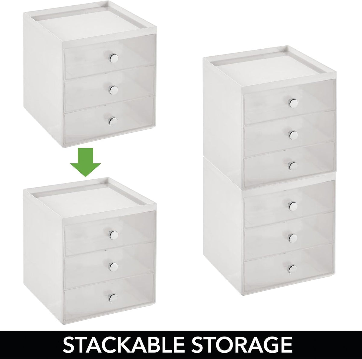 mDesign Plastic 3 Drawer Organizer for Makeup Storage - Large Stackable Makeup Organization and Storage Cube with Drawers for Bathroom, Vanity, Desk - Makeup Storage Drawers - Light Gray/Clear