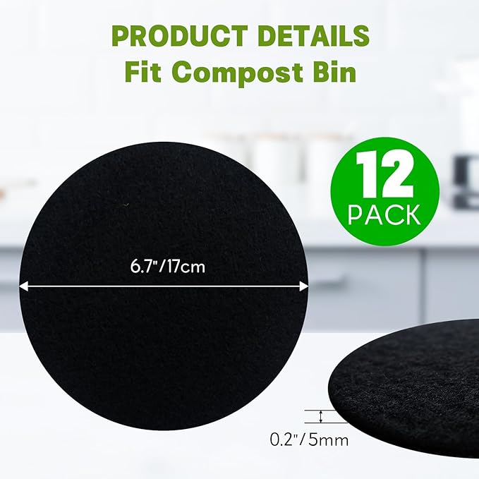 12 Pack - 6.7 Inch Round Compost Bin Charcoal Filters, Extra Thick Activated