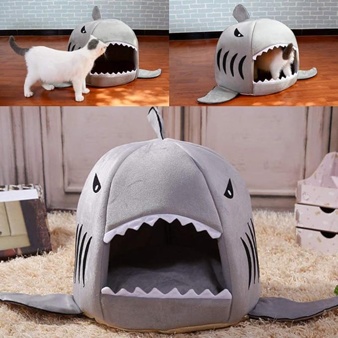 Shark Shaped Pet Dog Puppy Bed Warm Cat Bed House Nest for Autumn Winter Grey L